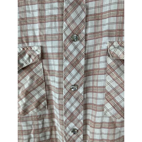 Round-Up Vintage Pearl Snap Plaid Cream Red Long Sleeve Shirt Men's Size Medium - Picture 5 of 5